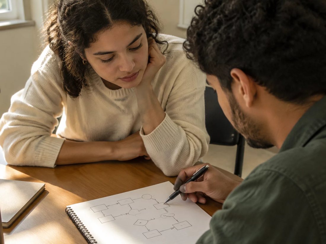 Duas pessoas relendo anotações num tablet apoiado numa mesa de madeira