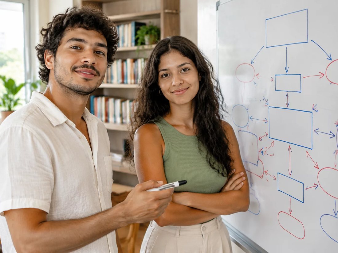 Dupla em pé diante de um quadro branco com o esqueleto de um argumento desenhado
